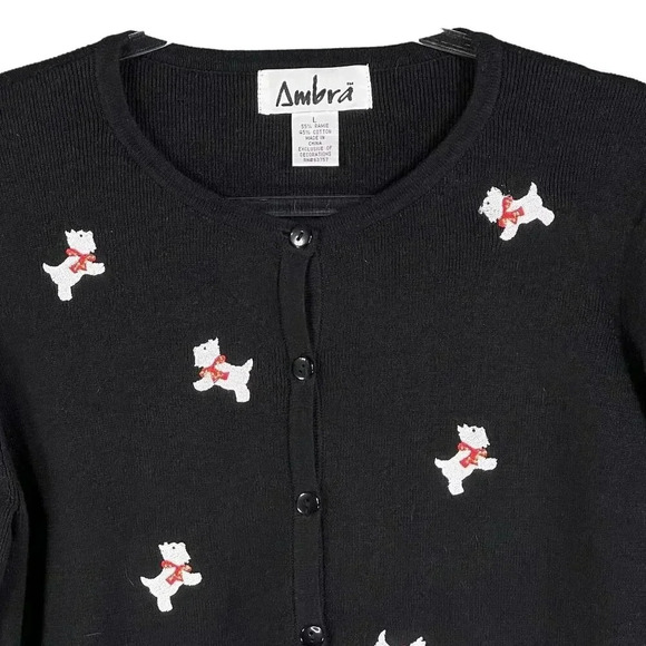 Ambra Womens Large Black Christmas Scottie Dog Embroidered Cardigan Knit Sweater - Picture 3 of 11